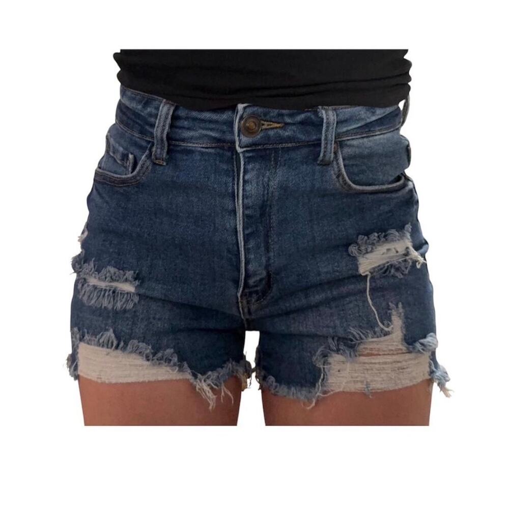 Wax Jean Collection Blue Denim Cut Off Shorts Size L Distressed Stretch Boho